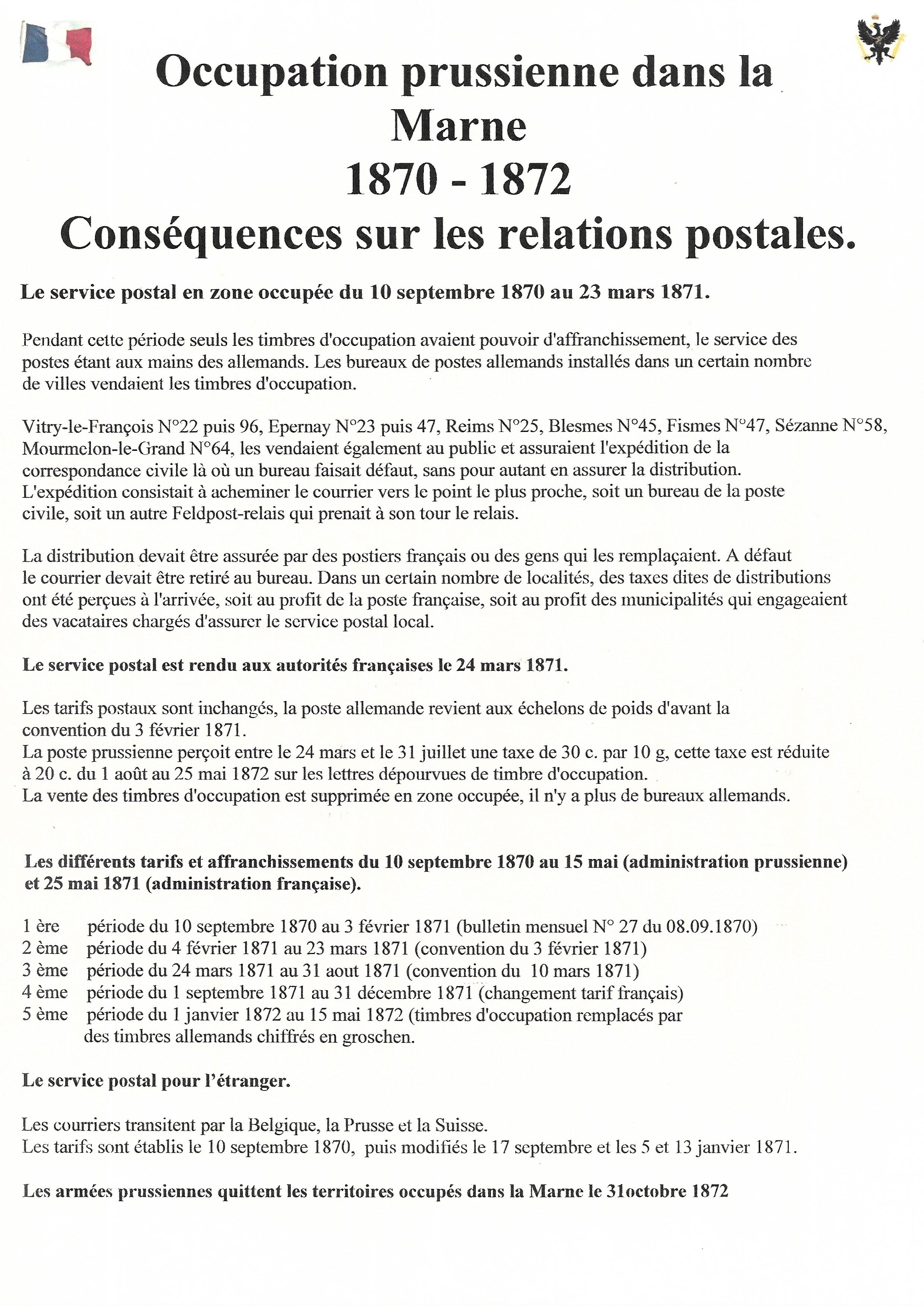 Occupation Prussienne dans la Marne 1870-1872 : Cons��quences sur les relations postales p. 1